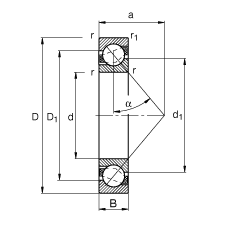 角接觸球軸承 71807-B-TVH, 根據(jù) DIN 628-1 標準的主要尺寸，接觸角 α = 40°