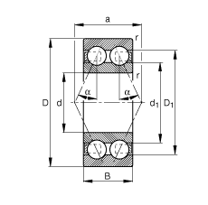 角接觸球軸承 3214-B-TVH, 根據(jù) DIN 628-3 標準的主要尺寸，雙列，接觸角 α = 25°