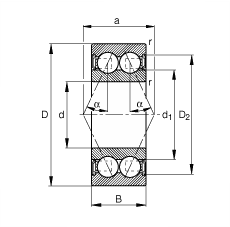 角接觸球軸承 3805-B-2RSR-TVH, 雙列，雙側(cè)唇密封，接觸角 α = 25°