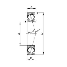 主軸軸承 B7007-C-T-P4S, 調節(jié)，成對安裝，接觸角 α = 15°，限制公差