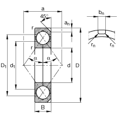 四點(diǎn)接觸球軸承 QJ234-N2-MPA, 根據(jù) DIN 628-4 的主要尺寸， 可以拆卸，剖分內(nèi)圈，帶兩個(gè)止動(dòng)槽