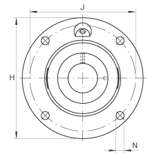 軸承座單元 RME55, 帶四個螺栓孔的法蘭的軸承座單元，定心凸出物，鑄鐵，偏心鎖圈，R 型密封