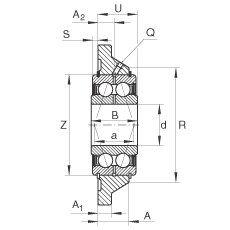 軸承座單元 PCCJ40, 帶四個螺栓孔的法蘭的軸承座單元，鑄鐵，雙列角接觸球軸承，P 型密封